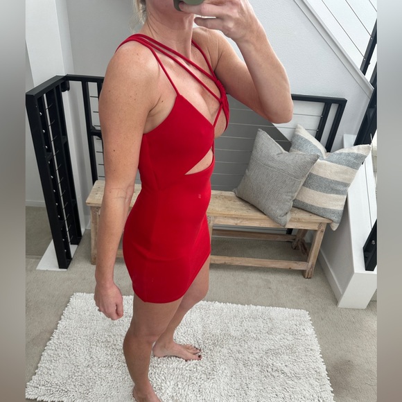 H:ours Revolve Tasha Cherry Red Cut-Out Mini DressBold Strappy Design Holiday S - Picture 8 of 14